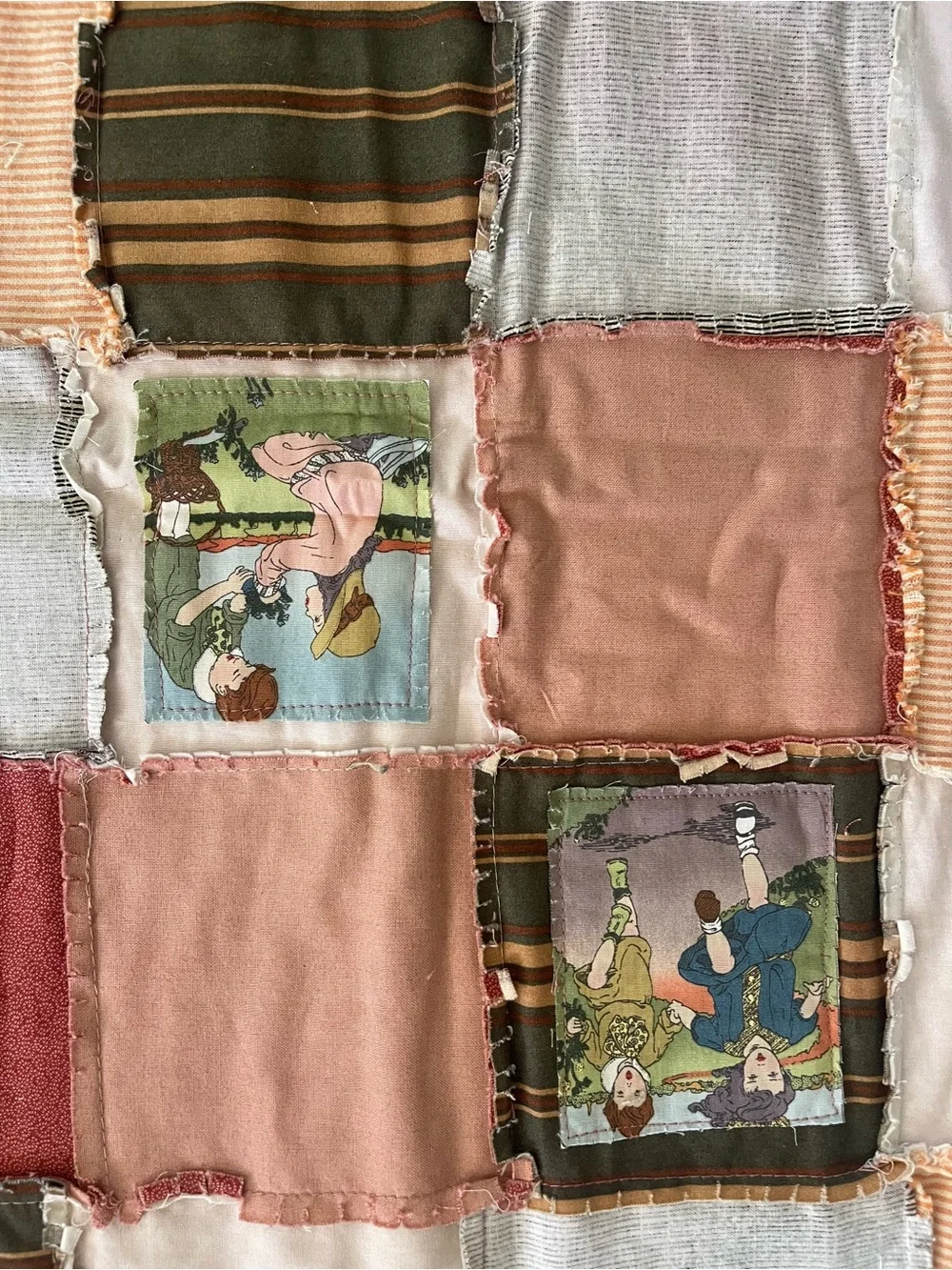 Vintage Handmade Patchwork Rag Crib Quilt Americana Twin Photo Memory Folk Art